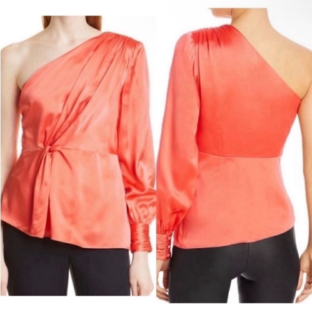 Cinq a Sept NWT Stace One-Shoulder Silk Blouse in Neon Coral Size XS